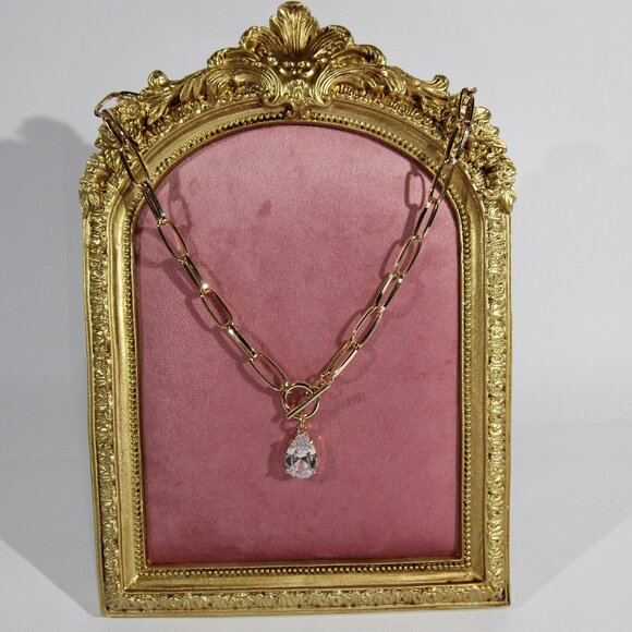 Gold Tone Paper Clip Link Necklace with a Clear Crystal Pendant - Picture 9 of 9